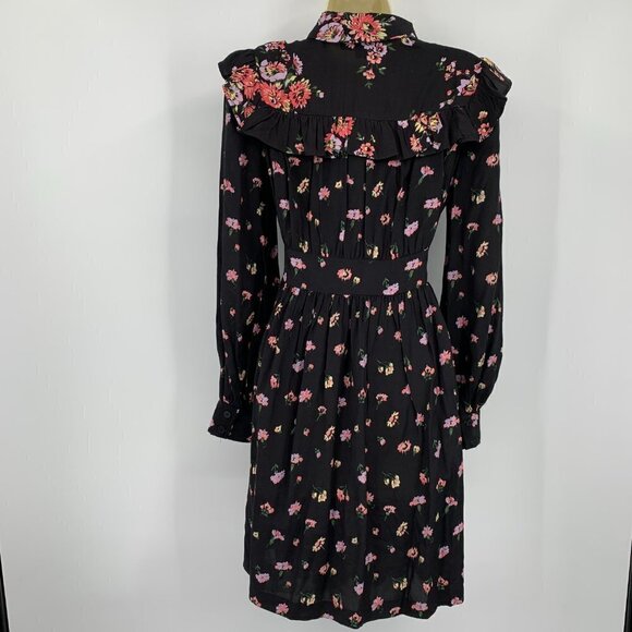 Jill Stuart black floral ruffle dress prairie cottage core shirtdress XS X-Small - Picture 4 of 6